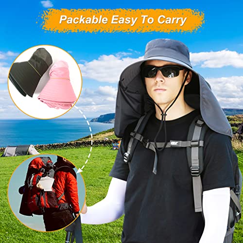 Women Wide Brim Face Mask Sun Hat Detachable Neck Face Flap Ponytail UV Protection Visor Hat Garden Fishing Hiking - color: Bg9215-darkgray
