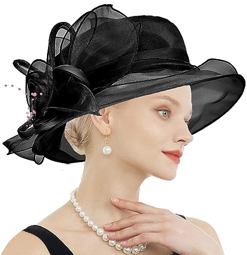 Women's Kentucky Derby Church Dress Hat Wide Brim Leaf Flower Bridal Shower Hat - color: F9 Black