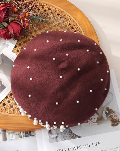 AWAYTR French Beret with Pearls & Rhinestones, Wool Beanie Hat for Women - color: Coffee