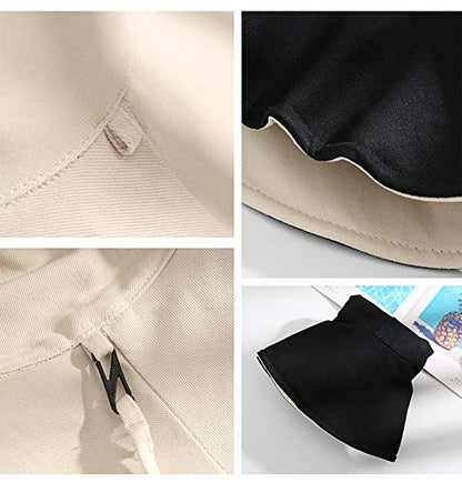 Womens Foldable Shapeable Brim Sun Hat UPF 50+ Cotton Wide Brim Beach Adjustable Chin Strap Hat Sun Protection Cap - color: Black