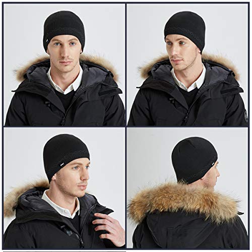 Mens Winter Beanie Hat Warm Knit Cuffed Plain Toboggan Ski Skull Cap (3 Patterns) - color: B1-black