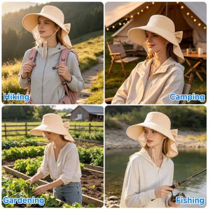 Womens Ponytail Hole Sun Hat with Neck Flap Outdoor UPF 50+ - color: Oatmeal