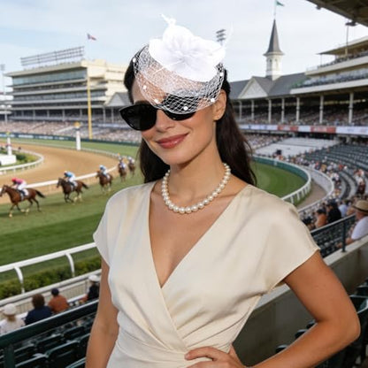 Semato Fascinators Hats for Women Mesh Feathers Elegant White Tea Party Kentucky Hat Derby Headband with Hair Clip - color: White