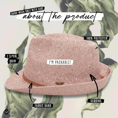 Funky Junque Short Brim Fedora Packable Sun Hat for Women - color: Sequin - Rose