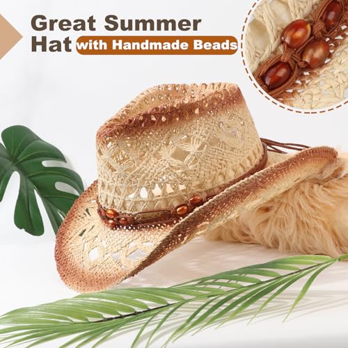 AQOKKA Straw Cowboy Hats for Women Men Western Cowgirl Hats with Shapeable Brim Woven Hollow Out Unisex Beach Roll Up Caps - color: Brown Beads Cowboy Hats : Khaki+beige Spray-painted