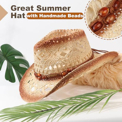 AQOKKA Straw Cowboy Hats for Women Men Western Cowgirl Hats with Shapeable Brim Woven Hollow Out Unisex Beach Roll Up Caps - color: Brown Beads Cowboy Hats : Khaki+beige Spray-painted