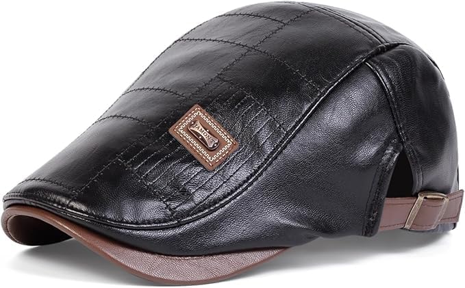 Newsboy Cap for Men, Flat Cap, PU Leather Hat - color: Patch| Black
