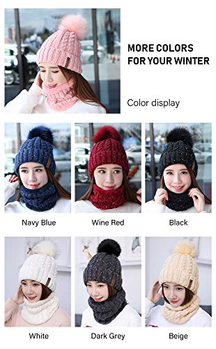 IYEBRAO Womens Winter Knit Beanie Hat and Scarf Set Girls Cute Slouchy Thick Fleece Lined Ski Hat Warm Skull Cap with Pom - color: A8-pink