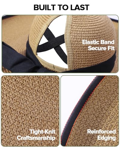 Sun Beach Hats for Women with Ponytail Hole, Floppy Wide Brim Beach Hat, Straw Summer Packable Sunhat Foldable Sun Protection - color: Khaki, size: Medium