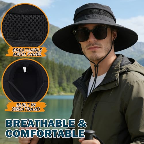 Men's UPF 50+ Waterproof Wide Brim Boonie Hat, Sun & Rain Protection - color: Black