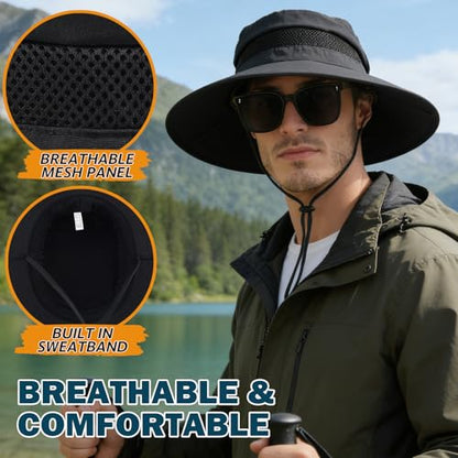 Men's UPF 50+ Waterproof Wide Brim Boonie Hat, Sun & Rain Protection - color: Black