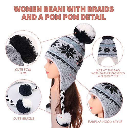 Dosoni Winter Hats for Women Knit Beanie Soft Warm Fleece Lined Long Ear Straps Snow Ski Cap with Pompom - color: Gray