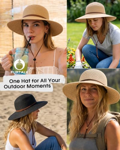FURTALK Womens Wide Brim Sun Hat with Wind Lanyard UPF Summer Straw Sun Hats for Women - color: Ab-mixed Beige, size: Medium-Large