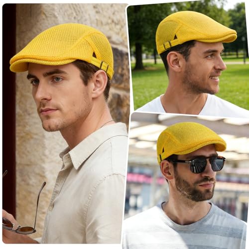 Xinveen Men's Mesh Cap Breathable Summer Newsboy Hat Adjustable Beret Ivy Cap Irish Cabbie Driving Hunting Hats - color: Yellow