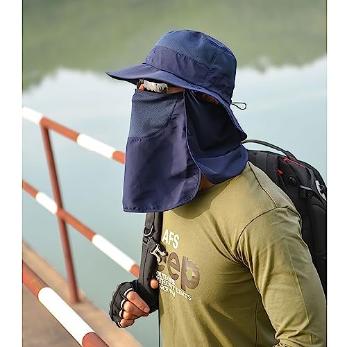 Sun Hat for Men Women, Summer UV Sun Protection Wide Brim Fishing Hat for Men with Face Cover & Neck for Hiking - color: Navy(with Face Cover & Neck Flap)