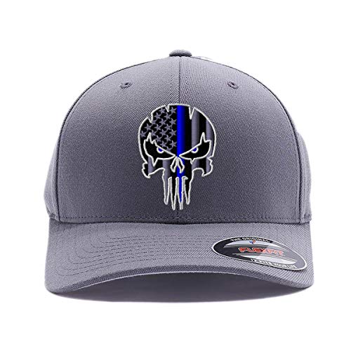 G&B Red Thin Red/Blue Line Spartan Helmet & Distressed Skull Flex Baseball Cap. Embroidered. 6277/6477 Flex Baseball Hat - color: Grey 2, size: Large-X-Large