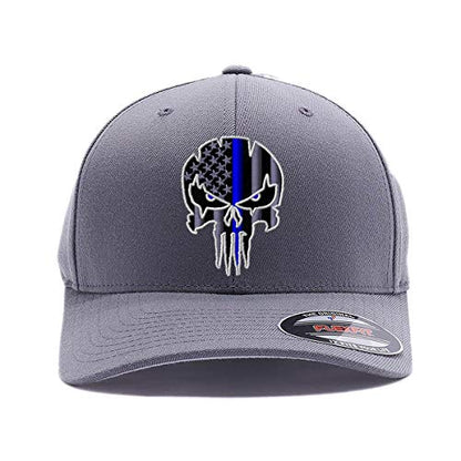 G&B Red Thin Red/Blue Line Spartan Helmet & Distressed Skull Flex Baseball Cap. Embroidered. 6277/6477 Flex Baseball Hat - color: Grey 2, size: Large-X-Large