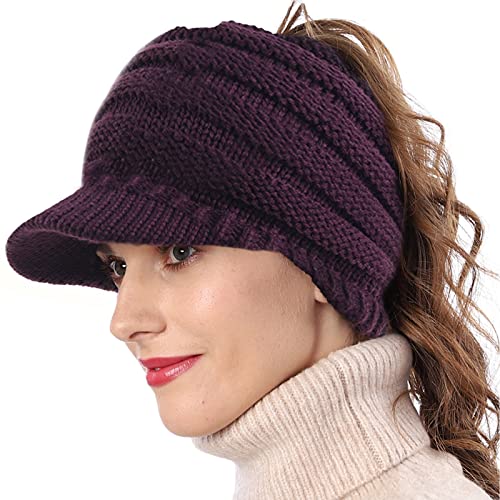 Women's BeanieTail Warm Knit Hat Messy High Bun Ponytail Visor Beanie Cap - color: A-purple, size: Medium