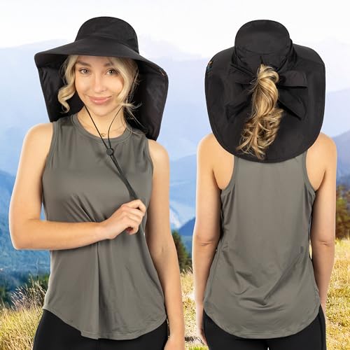 SUN CUBE Wide Brim Sun Hat with Neck Flap for Men Women, UPF50+ Fishing - color: Black With Bow