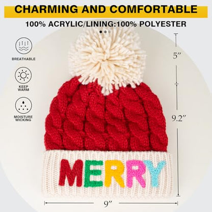 Christmas Merry Beanie for Women Winter Crochet Hat Chunky Cable Knit Pompom Santa Hat - color: Red-merry