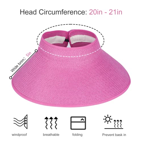 Women Sun Visors Foldable Straw Hats Summer Beach Packable Hat Floppy Wide Brim Cap Deep Style, Adjustable Size - color: Rose Red Black