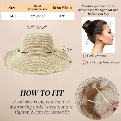 Floppy Big Beach Straw Hats for Women Foldable Summer Wide Brim Packable Sun Hat Womens Travel Straw Fedora Hat - color: Beige-4