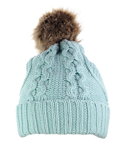 Women's Winter Fleece Lined Cable Knitted Pom Pom Beanie Hat - color: Mint