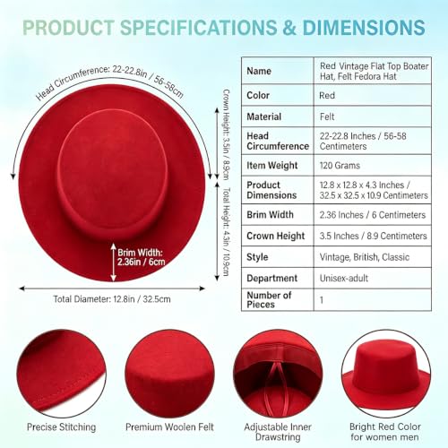 Fedora Flat Hat Classic Wide Brim Cap Panama Style Jazz Hat for Wedding Party Talent Performance Xmas Gift Unisex - color: Red