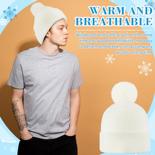 Geyoga 2 Pcs Pom Beanie Hat Men Women Winter Hat Pom Knit Cap Beanies with Ball at Top Acrylic Winter Cap with Cuff - color: Cinnamon Powder, White, style: Classical