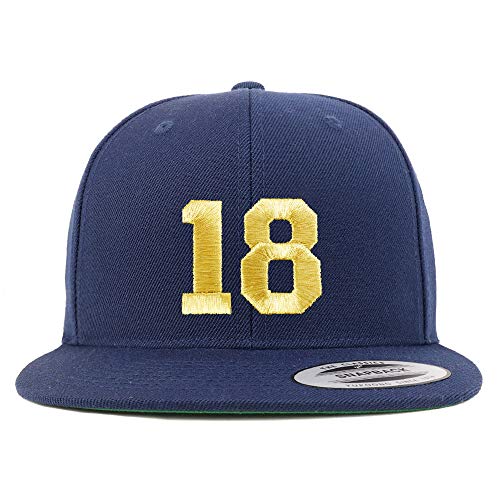 Trendy Apparel Shop Number 18 Gold Thread Flat Bill Snapback Baseball Cap - color: Navy