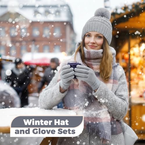 Women's Knitted Beanie Hat Gloves Set Winter Pom Pom Cable Knit Hat with Warm Stretchy Gloves for Women - color: Gray