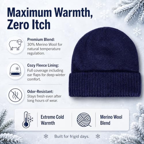 Men’s Plus Size M/L-XXL Merino Wool Beanie for Big Heads - color: Navy, size: Medium-Large