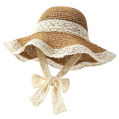 Women's Wide Brim Straw Sun Hat Beach Travel Bucket Hat Packable - color: Khaki