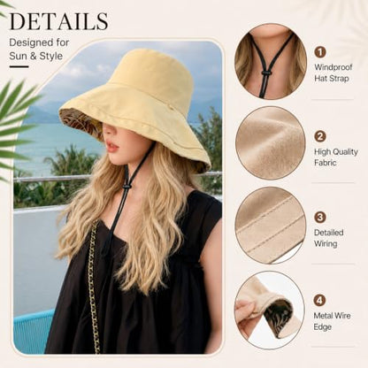 HUAMULAN Wide Brim Women Summer Sun Floppy Hat Reversible Beach Bucket Hat - color: Xinm001-yellow