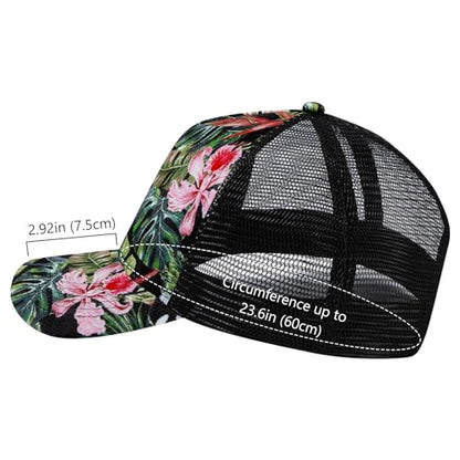 Suede Curved Brim Trucker Cap Adjustable Snapback Hat Mesh Back Breathable for Men Women 2 Pack SH03 - color: Pack of 2, Black/Tropical Flower Camo & Rosy Clouds