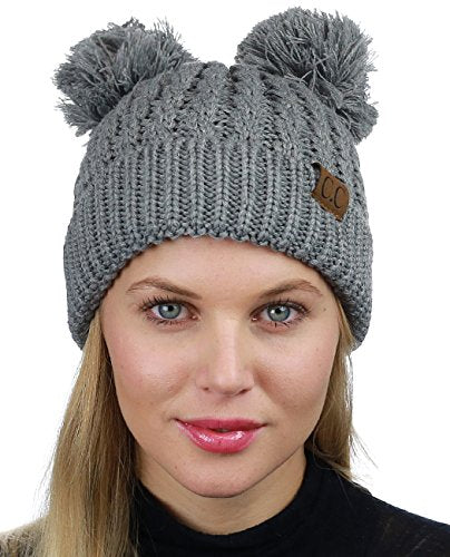 C.C 2 Ear Pom Pom Cable Knit Soft Stretch Cuff Skully Beanie Hat - color: Light Melange Gray