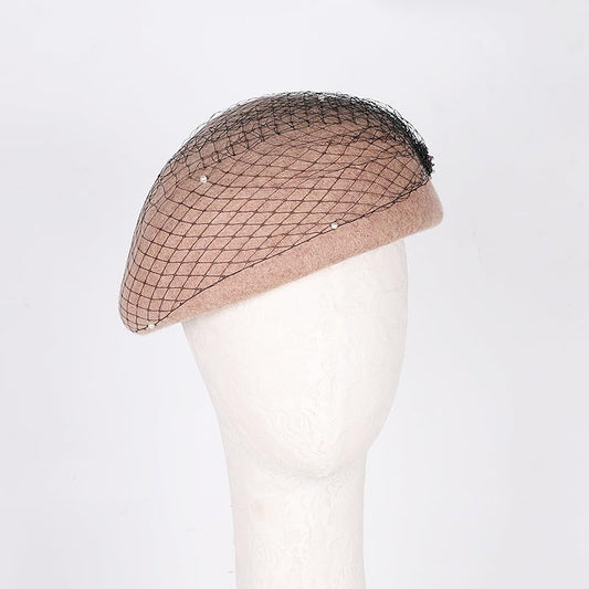 Vintage Wool French Beret Hat with Mesh Veil, Crystal Brooch Accent, Classic Beanie Winter Cap - color: Khaki With Mesh Veil