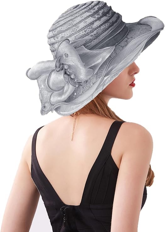 Women's Organza Derby Fascinator Hat Cloche Bowler Hat Cocktail Tea Party Wedding Sun Hat - color: J-grey