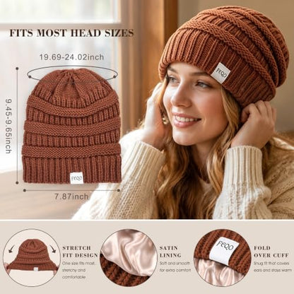 FEQO 4 Pack Satin Lined Beanies Slouchy Beanie Oversized Cable Knit Caps - color: Black, White, Dark Gray, Khaki