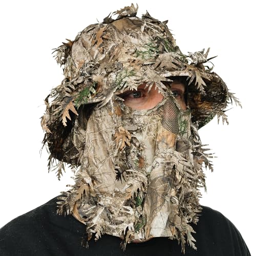 QuikCamo Men’s 3D Leafy Camo Bucket Hat with Built-in Face Mask for Turkey Hunting - Adjustable Size - color: Realtree Edge Camo