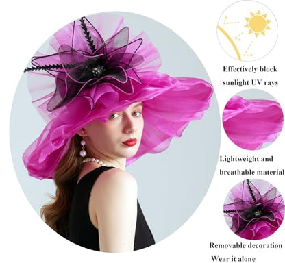 Women Organza Derby Hat Fascinator Tea Party Wedding Church Derby Hat Fascinator Hats Dual-use - color: 02a Rose Red
