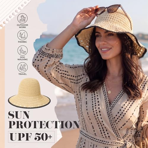 Eurzom Wide Brim Straw Bucket Hats for Women Summer Beach Sun Hat Foldable Packable Outdoor Travel Fedora Hat UV Protection - color: Beige