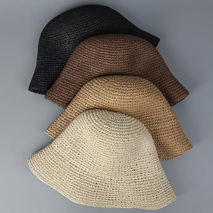 Women Straw Sun Hat Summer Beach Hats Foldable Floppy Cap Wide Brim Bucket Hat Solid Handmade Sun Protection Caps - color: Black