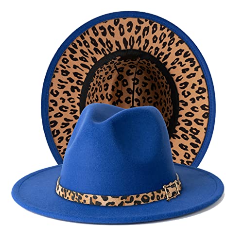 Women Two Tone Wide Brim Fedora Felt Panama Hat - color: Square Buckle-royal Blue Leopard