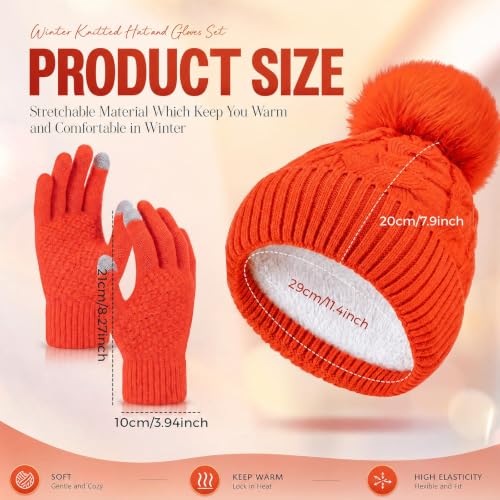 Womens Winter Fleece Lined Knitted Beanie Hat Glove Set, Warm Pom Pom Beanie Knit Cap Touchscreen Gloves for Women - color: Orange