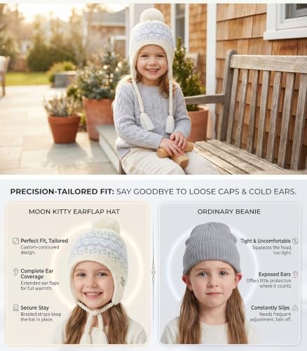 Moon Kitty Girls Knit Hats Winter Fleece Lining Skiing Winter Caps with Warm Ear Flap - color: Blue, size: 1-3T