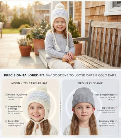 Moon Kitty Girls Knit Hats Winter Fleece Lining Skiing Winter Caps with Warm Ear Flap - color: Blue, size: 1-3T