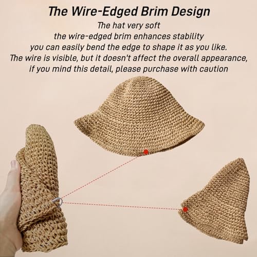 Floppy Big Beach Straw Hats for Women Foldable Summer Wide Brim Packable Sun Hat Womens Travel Straw Fedora Hat - color: Khaki-5