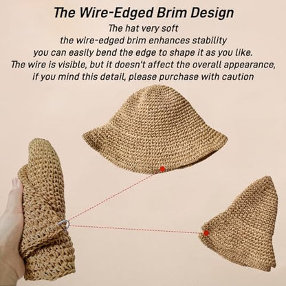 Floppy Big Beach Straw Hats for Women Foldable Summer Wide Brim Packable Sun Hat Womens Travel Straw Fedora Hat - color: Khaki-5