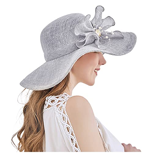 Haoohu Women's Church Derby Hat Wide Brim Bow Bucket Hat Wedding Dress Hat Fascinator Bridal Tea Party Hat - color: Gray Cotton